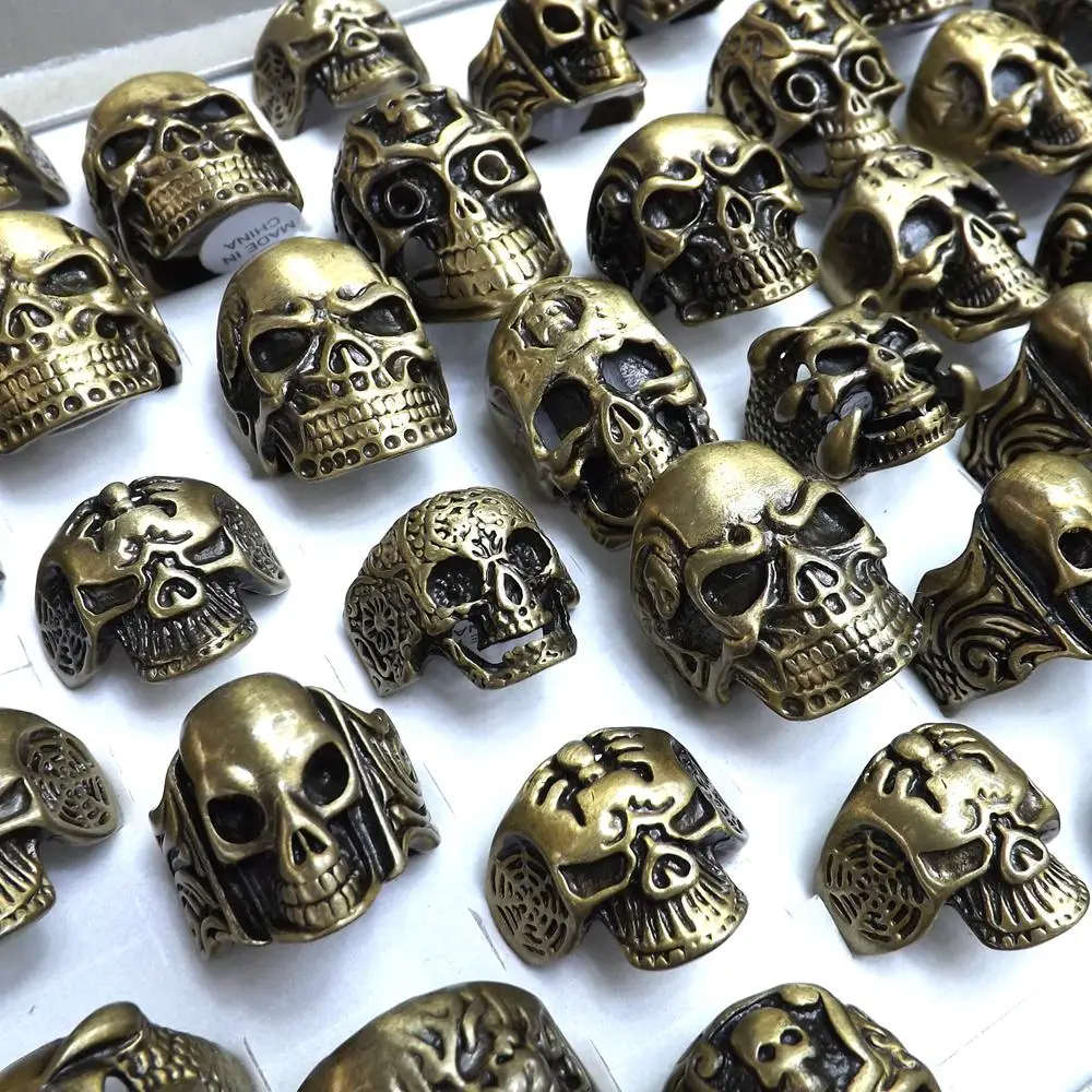 50pcs Lot Vintage Skull Skeleton Jewelry Rings Punk Mixed Style Rings For Man